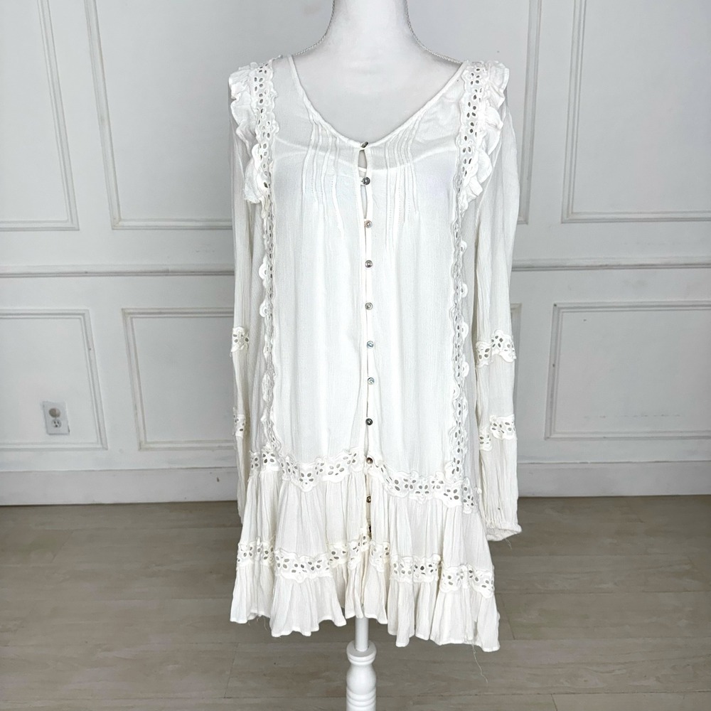 Free People Snow Angel White Eyelet Lace Ruffle Gauze Mini Dress Boho Small - Picture 2 of 9